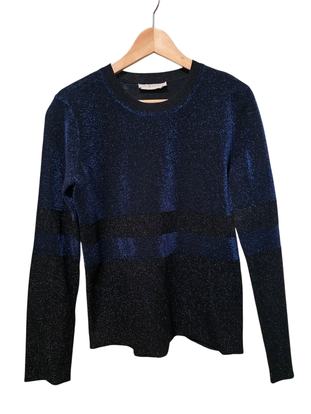 Tory Burch Navy and Black Wool Blend Metallic Stripe Crewneck Top